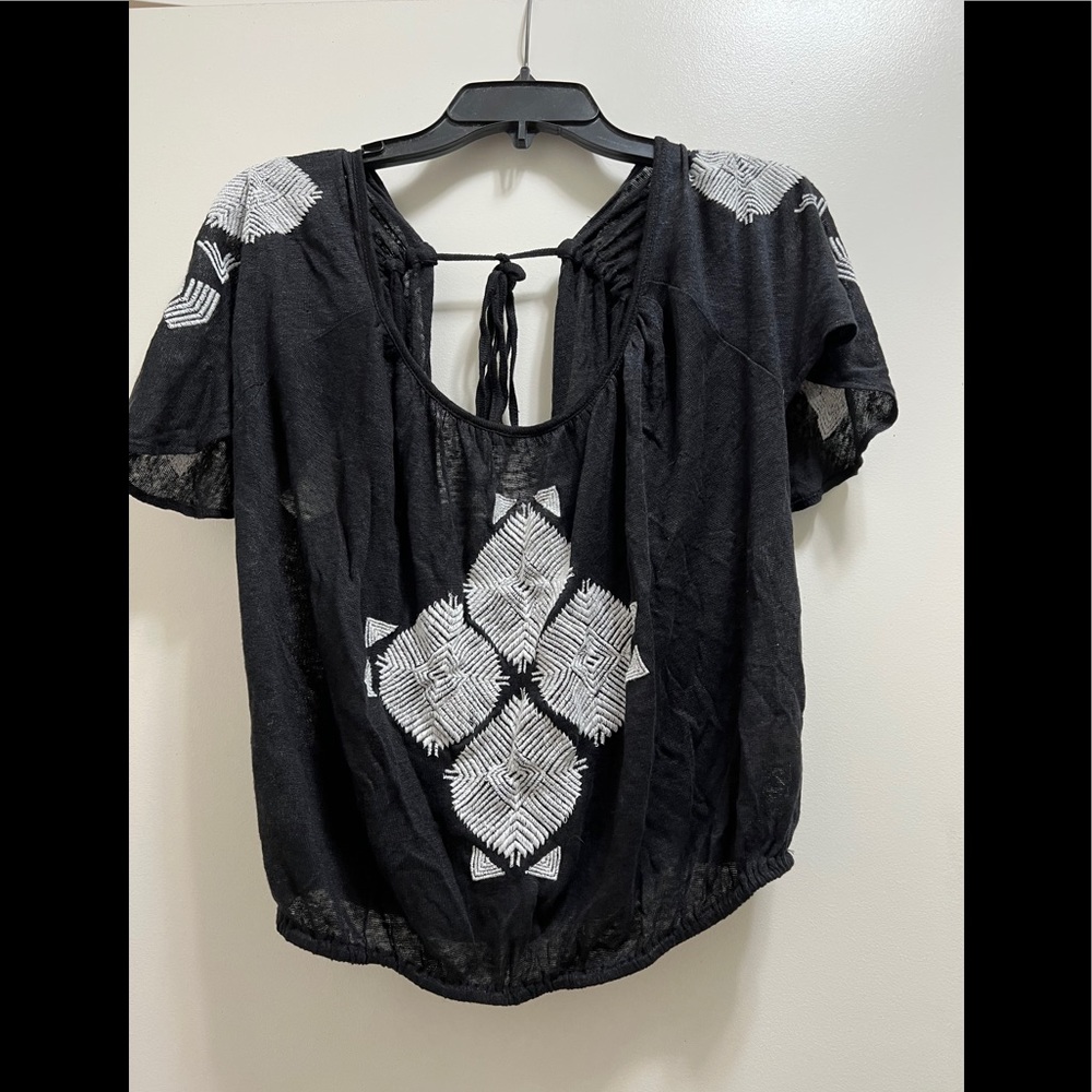 Free People Black Tie Up Open Back Top with White Embroidery Print